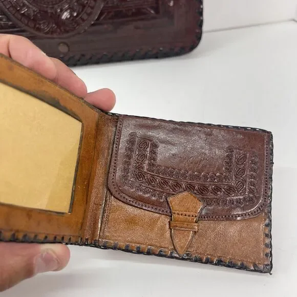 Wallet Fold Hand Tooled Leather Embossed Aztec Stamped Mexico Brown 12x7.5in WOW